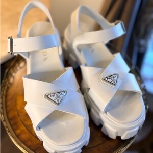 Prada White Platform Leather Sandals with Logo Plaque